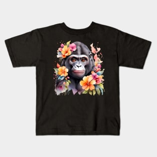 A gorilla decorated with beautiful watercolor flowers Kids T-Shirt